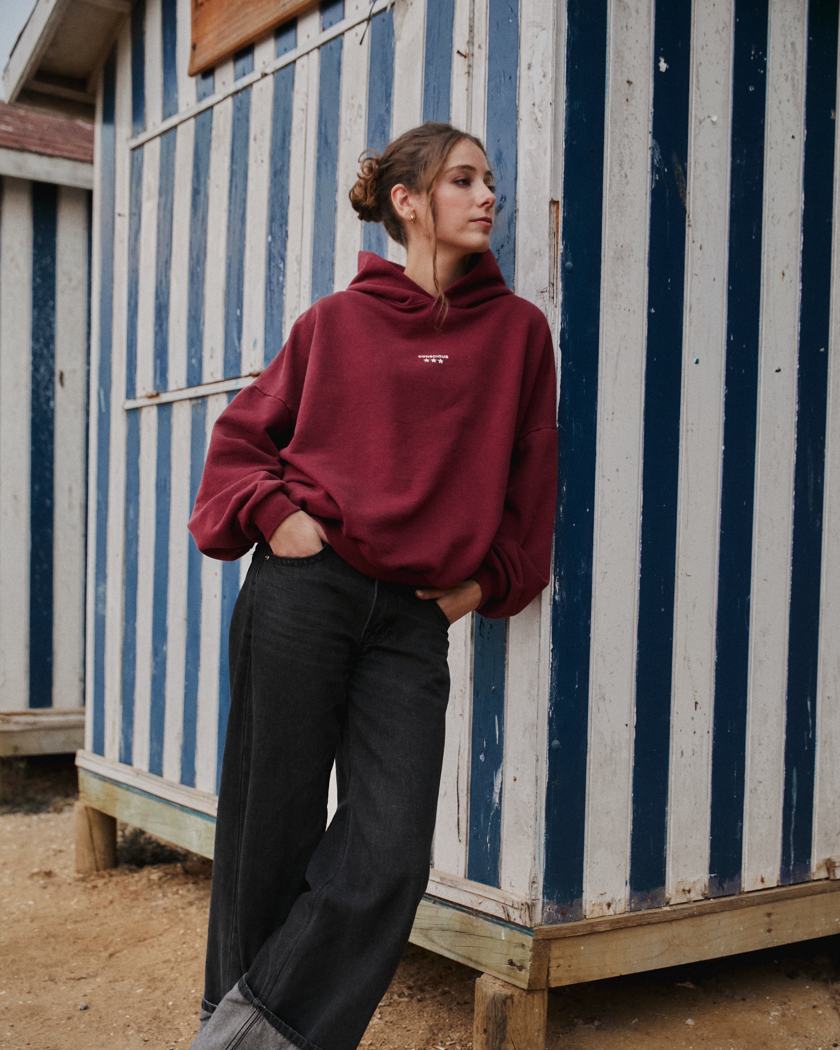 THREE STARS WINE ACID WASH HIDDEN POCKETS HOODIE