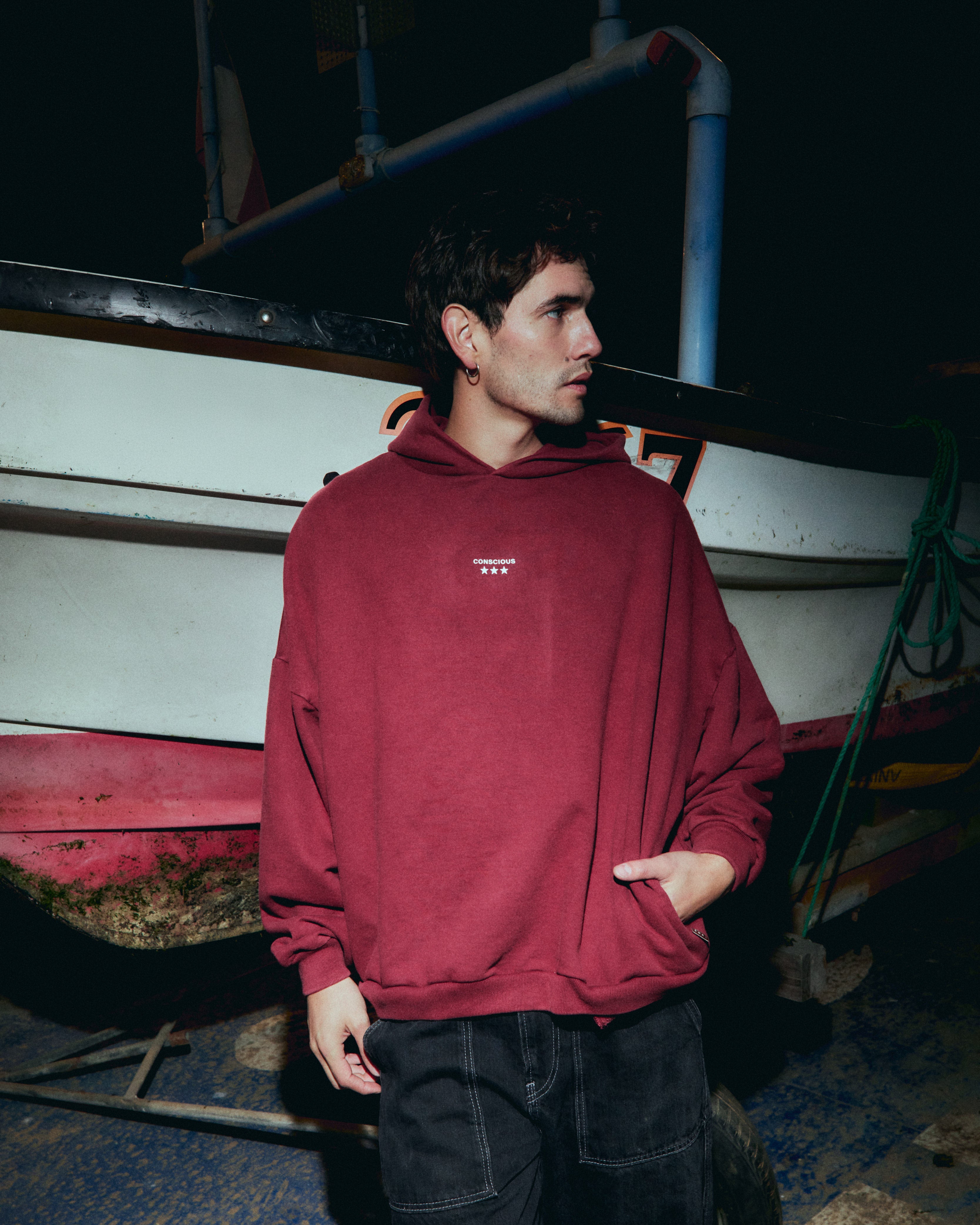 THREE STARS WINE ACID WASH HIDDEN POCKETS HOODIE
