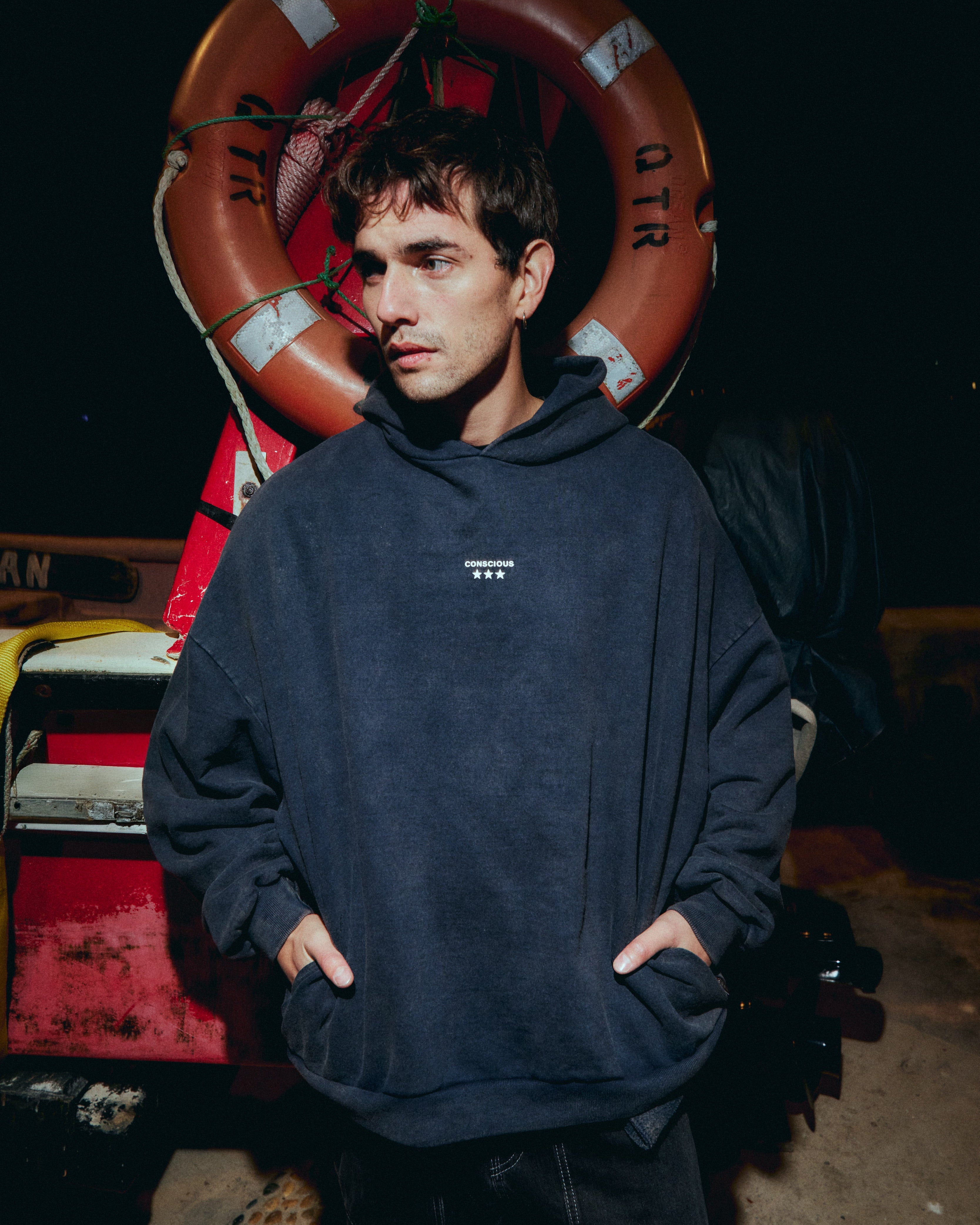 THREE STARS AZUL ACID WASH HIDDEN POCKETS HOODIE