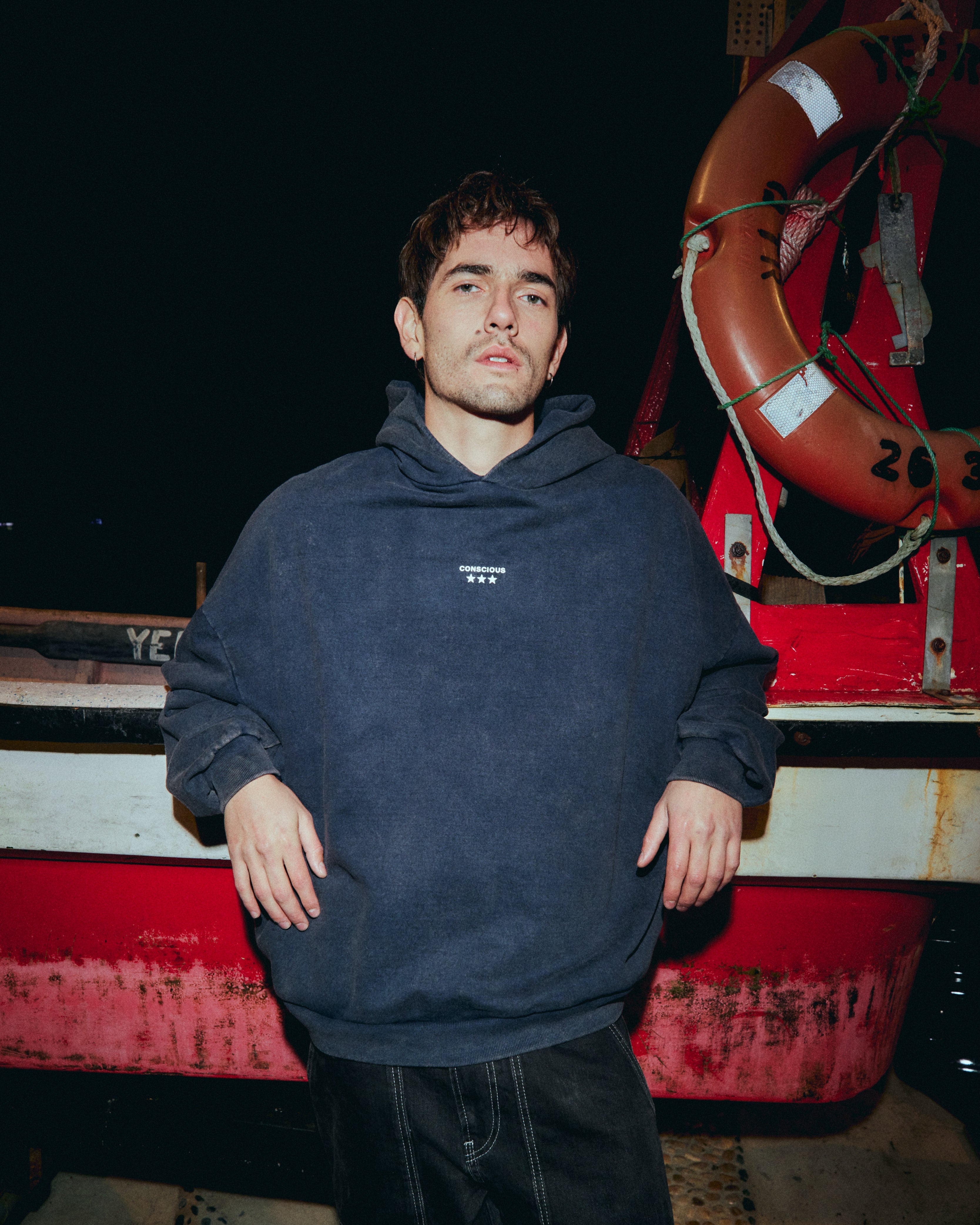 THREE STARS AZUL ACID WASH HIDDEN POCKETS HOODIE