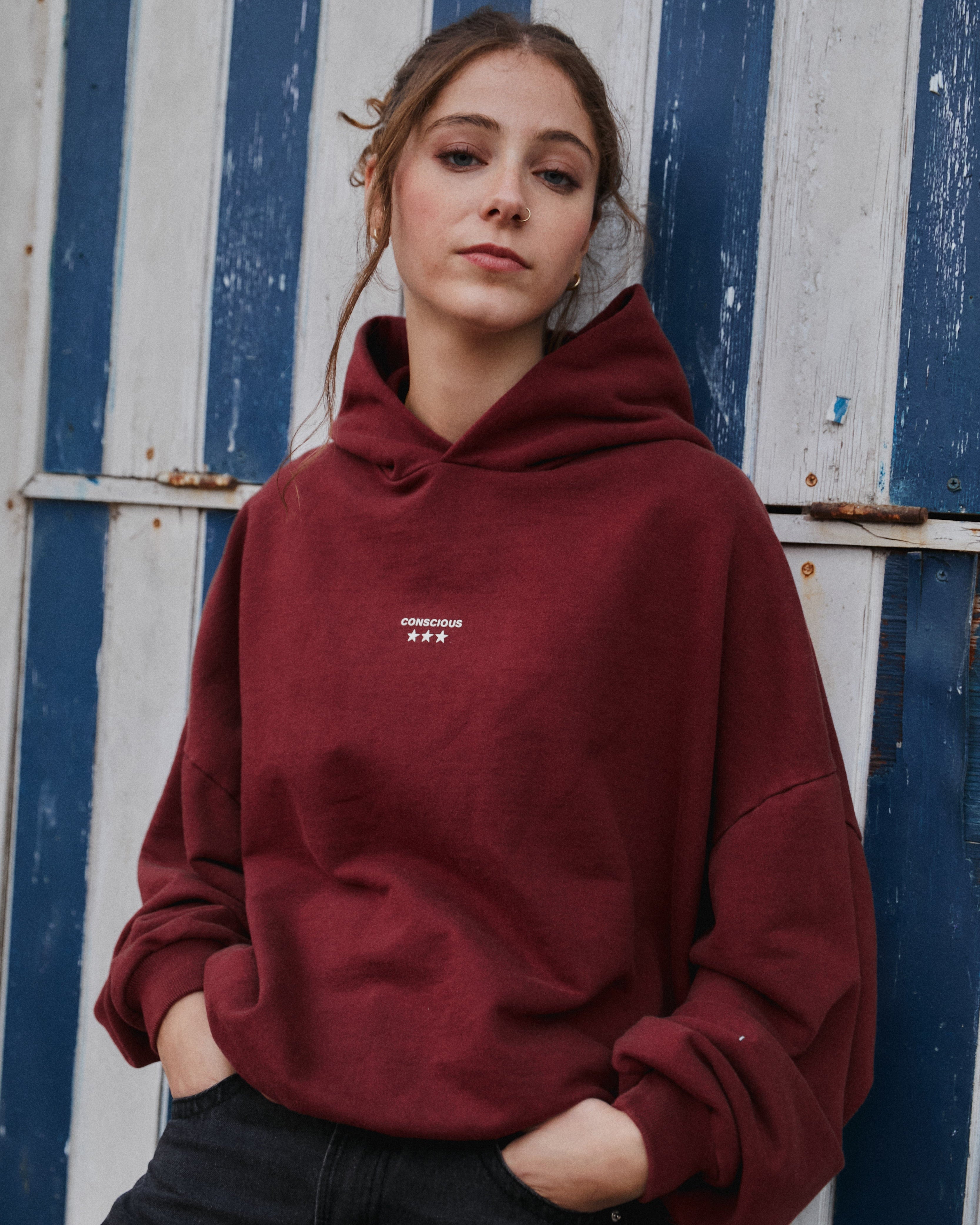 THREE STARS WINE ACID WASH HIDDEN POCKETS HOODIE
