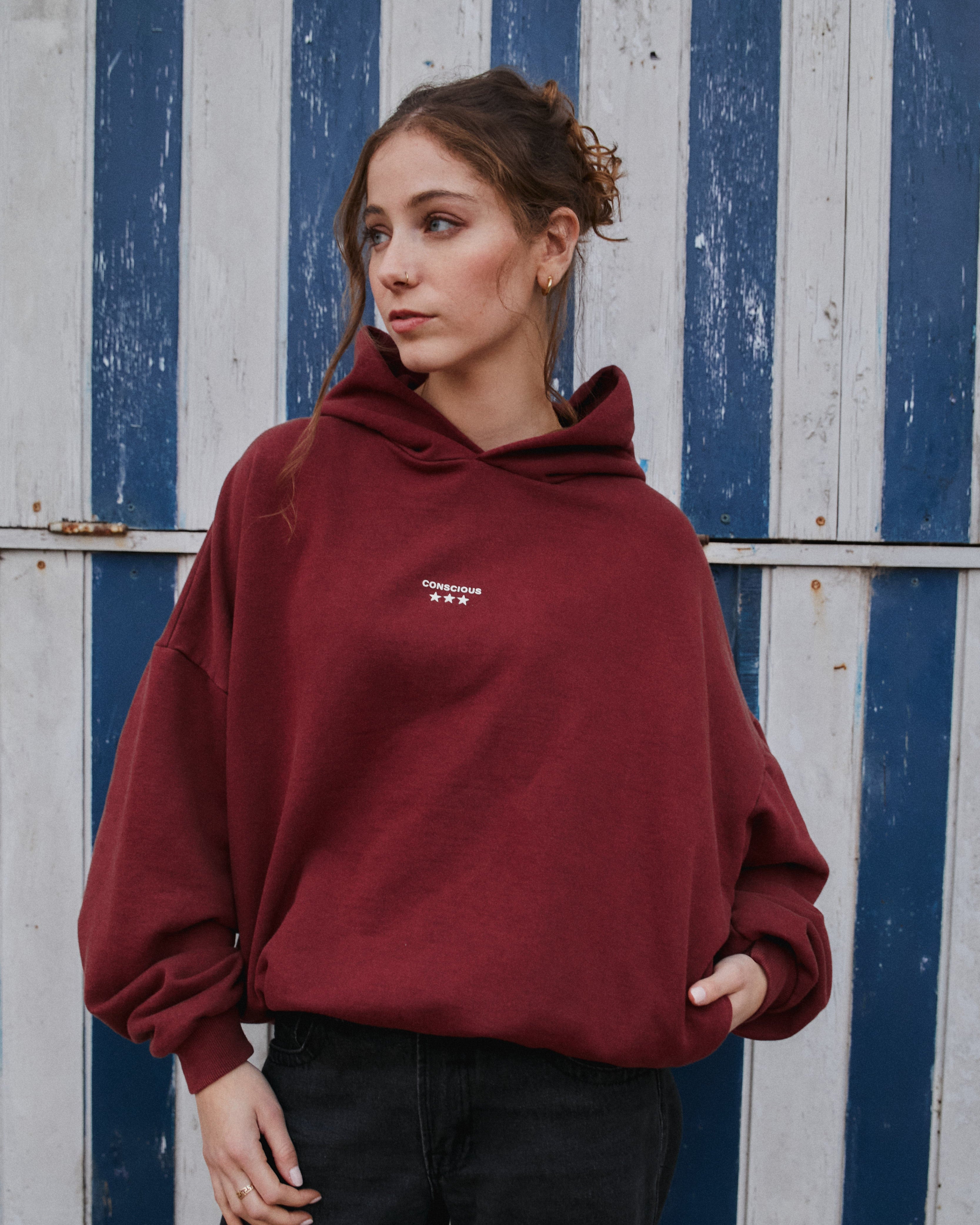 THREE STARS WINE ACID WASH HIDDEN POCKETS HOODIE