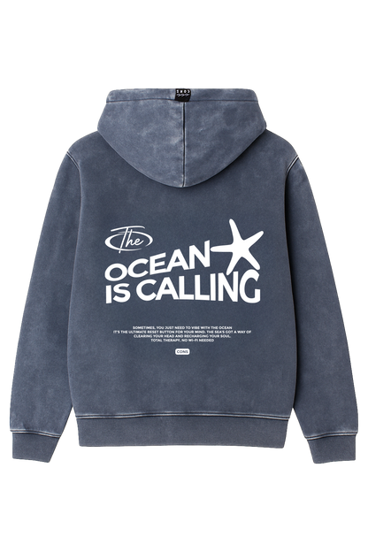HOODIE OCEAN IS CALLING BLUE ACID WASH